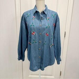 Christmas Tantrum Blues Women's Denim Long Sleeve Shirt Candy Canes Vintage